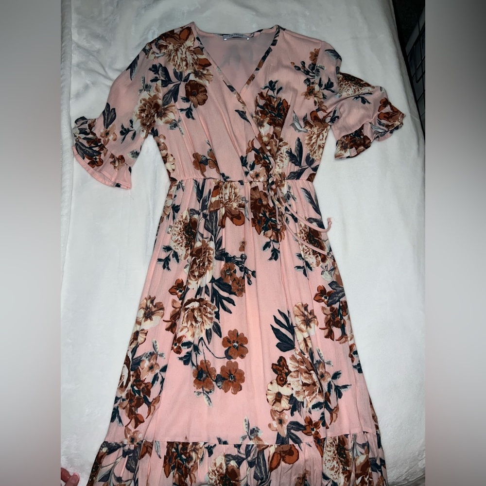 Pink floral flowy dress.
